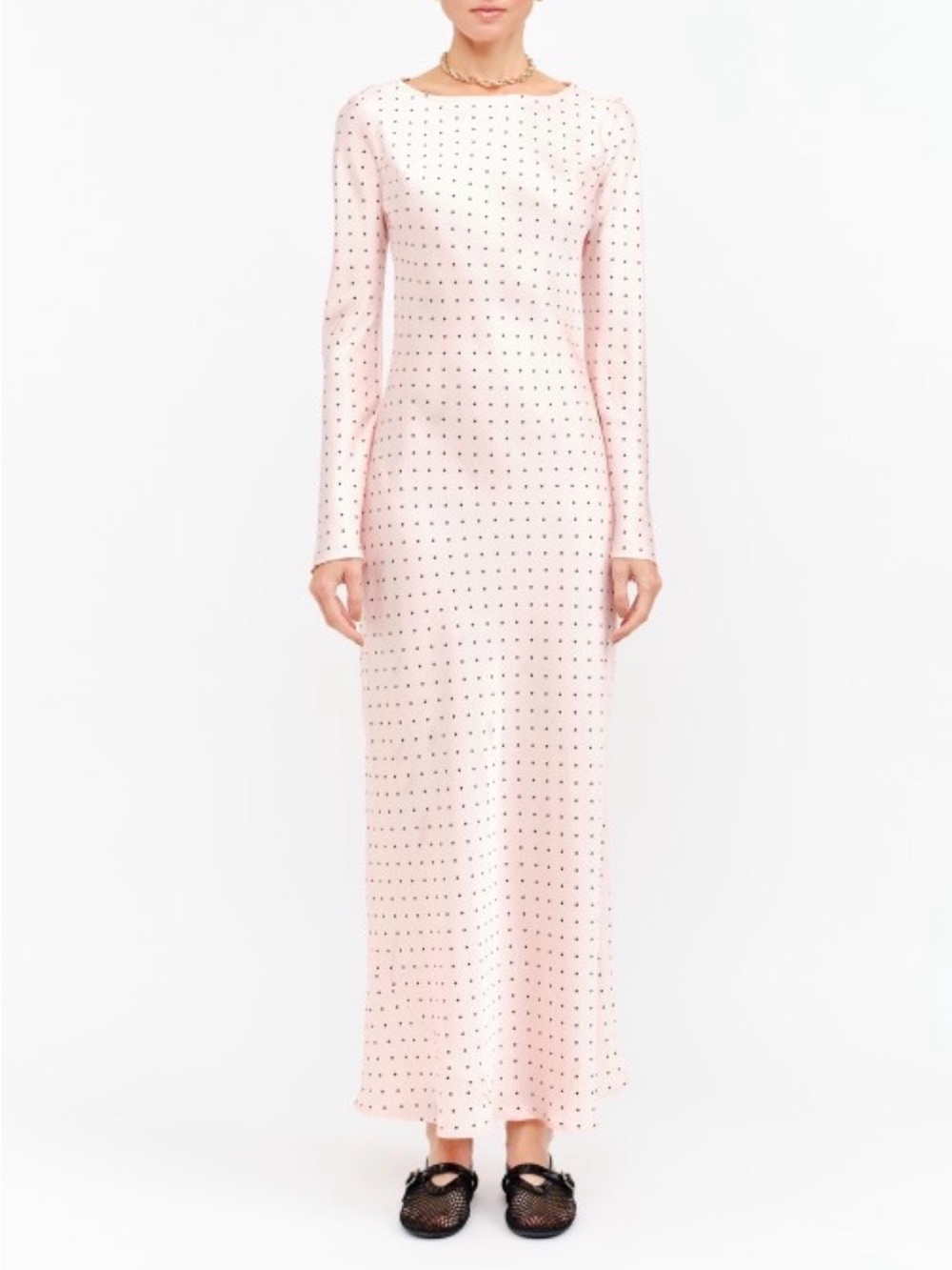 Long Sleeve Satin Pink Polka Dot Maxi Dress